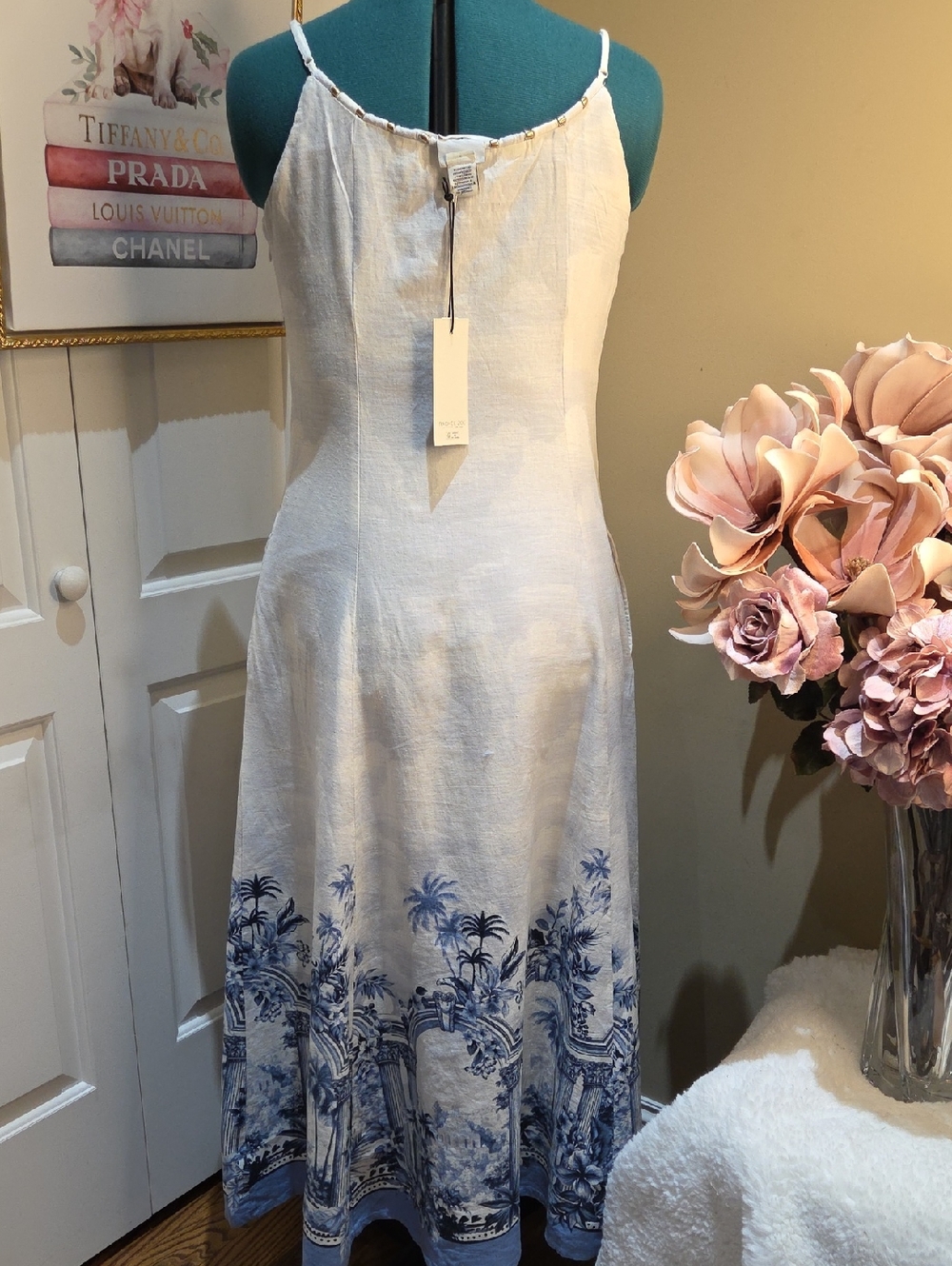 Nwt 8 & 6 & 4 Rachel Zoe White Linen Maxi Dress with Blue Scenic Hem - Picture 6 of 16